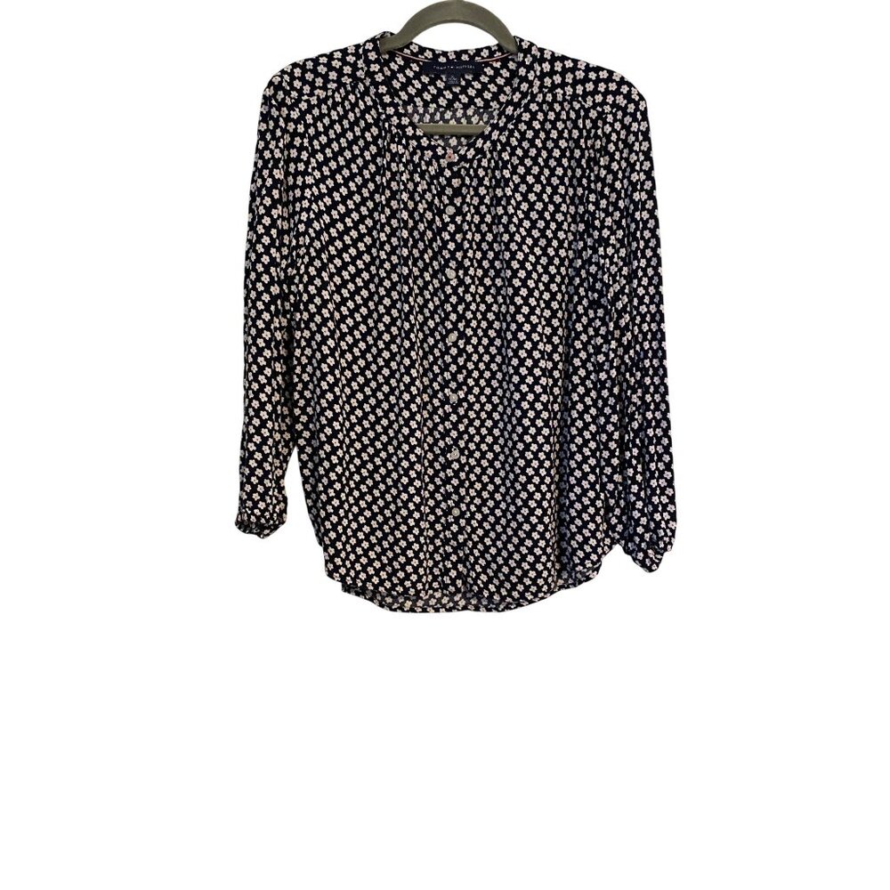 Tommy Hilfiger Top Women's XL Navy Floral Button Up Long Sleeve Lightweight Boho